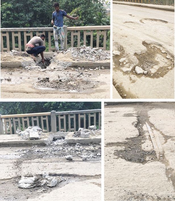 Workers are seen drilling holes at Chathe River Bridge (Patkai Bridge) on National Highway 29 near Chümoukedima Town on September 5, purportedly to drain out water when it rains heavily. The workers were seen drilling around 6-8 holes. One of the most important and busiest bridges connecting the plain and hill-section of the State, the Bridge is in a dilapidated condition with several potholes on the surface well as deep crevices at both ends of the bridge, severely affecting traffic, particularly during rainfall. Temporary measures like filling up the potholes with stones and other materials only provide ‘relief’ for short span of time. (Morung Photos)